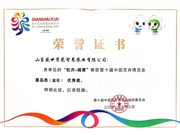2021年第十届中国花卉博览会获奖证书牡丹-姚黄展品类（盆花）优 秀奖
